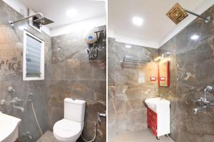 two pictures of a bathroom with a toilet and a shower at Super Townhouse Lake Town Clock Tower Formerly Crown Comfort in Pātipukur