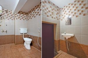 two pictures of a bathroom with a toilet and a sink at Hotel O Rock Beachview Pondicherry Formerly Varsha Residency in Puducherry