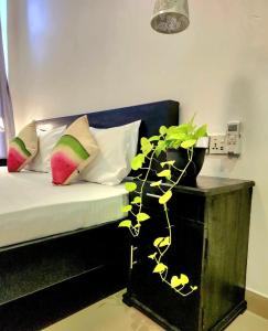 Un dormitorio con una cama con almohadas y una planta en Tiny Villa Homestay - Only For Foreign Bookings, en Kurunegala