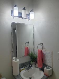 a bathroom with a sink and a mirror at Haven of Rest Suite in Nevis +14 photos