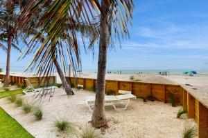 eine Bank und eine Palme am Strand in der Unterkunft Bungalow Beach Place 9 in Clearwater Beach
