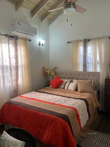 Un dormitorio con una cama grande con almohadas rojas. en Haven of Rest Suite, en Nevis 14 fotos más