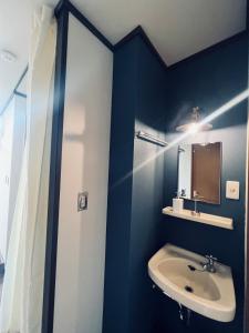 a blue bathroom with a sink and a mirror at 宿えんがわーおもや in Tokorozawa +18 photos