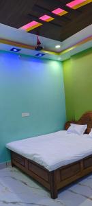 Cama en habitación con paredes verdes y azules en Royal inn, en Patna