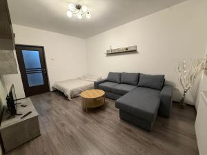 a living room with a couch and a bed at Straja Mountain Escape in Lupeni
