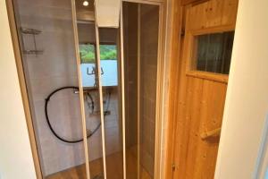 a shower with a glass door in a bathroom at Ferienhaus Rothaarblick in Schmallenberg +16 photos