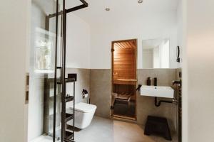 a bathroom with a toilet and a sink at Harzchalet Brockenbahn 2A in Elend