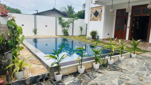 een zwembad met potplanten naast een huis bij Villa A7 in Ahangama