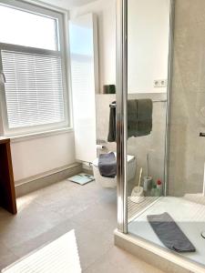 ein Badezimmer mit Dusche und Toilette und einem Fenster in der Unterkunft Hus an de Waterkant in Juist