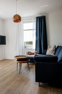 ein Hund, der auf einer Couch in einem Wohnzimmer liegt in der Unterkunft Hus an de Waterkant in Juist