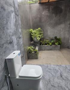 a bathroom with a toilet and some potted plants at Amelia Villa in Gandara West +21 photos