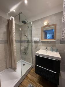 een badkamer met een wastafel en een glazen douche bij Parenthèse Champenoise T23 in Troyes