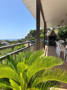 een veranda met een barbecue en een plant bij Seahomes Vacations - Charming House with Private Pool in Santa Susanna
