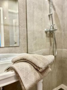 a bathroom with a shower with a towel on a sink at Designer luxury Appartment in Kharkiv
