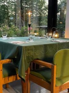 Una mesa con un mantel verde y dos sillas. en Equilibrium Villa Relais, en Rakovica