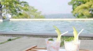 deux tasses contenant des plantes sur une table dans l'établissement d'Emmerick Salib Putih Hotel Salatiga, à Palang-Putih