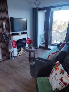 a living room with a couch and a fireplace at Borovi30 in Divčibare