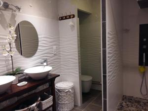a bathroom with two sinks and a shower at Pause Campagne - Chambres d'Hôtes in Pouy-de-Touges +9 photos
