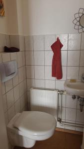 ウンナにあるHalf-timbered house with garden, close to nature & cityの白いトイレと洗面台のあるバスルーム