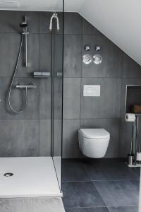 een badkamer met douche en toilet bij Ferienwohnung Habichthorst in Naumburg