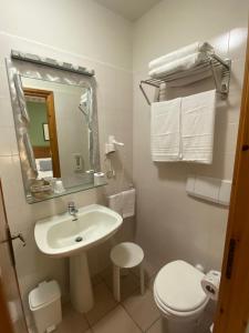 a bathroom with a sink and a toilet and a mirror at Hotel Lion in Roure Turin