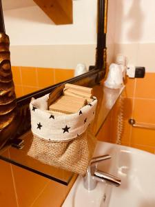 a basket sitting on top of a bathroom sink at Hotel Lion in Roure Turin