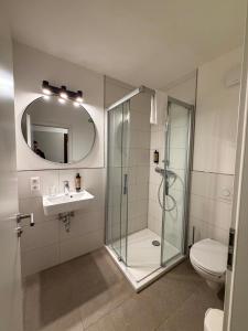 a bathroom with a shower and a toilet and a sink at Heimatblick Fulda in Fulda