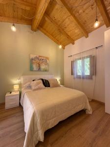 - une chambre avec un grand lit et des plafonds en bois dans l'établissement L'Albero di Gamelì Apartments, à Chiusi