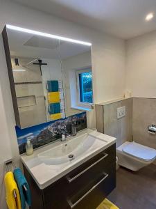 a bathroom with a sink and a toilet and a mirror at MOUNTAIN HOME apartment in Finkenberg