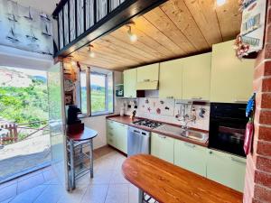 a kitchen with green cabinets and a wooden ceiling at Casa Ariel - Elba Affitti in Rio nellʼElba