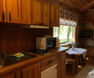 a kitchen with a microwave and a stove top oven at Vērbeļnieki in Pērkone