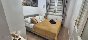 een kleine slaapkamer met een bed met een teddybeer erop bij Apartament SORENTO 25 in Gorzów Wielkopolski
