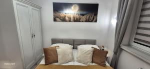 een kamer met een bed met twee kussens erop bij Apartament SORENTO 25 in Gorzów Wielkopolski +2 foto's