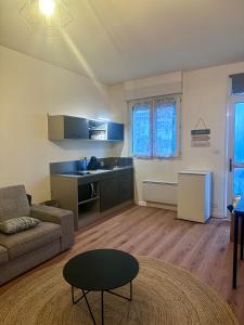 ein Wohnzimmer mit Sofa und eine Küche in der Unterkunft The Urban Refuge in Champs-Sur-Marne