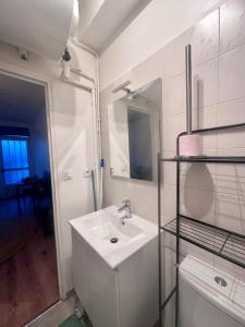 ein weißes Badezimmer mit Waschbecken und Spiegel in der Unterkunft The Urban Refuge in Champs-Sur-Marne