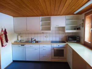 a kitchen with white cabinets and a sink at Haus Kanisfluh in Au im Bregenzerwald +16 photos