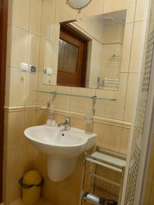 a bathroom with a sink and a mirror at Apartament 210 in Krynica Zdrój