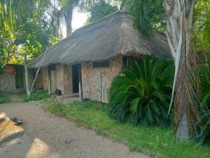 una pequeña casa con techo de paja en Chirundu - Zambezi River Campsite & Swimming Pool & WiFi, en Chirundu