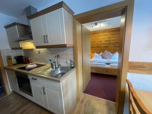 ウンケンにあるNatursport Heutal Appartements Ski-in & Ski-outのシンク付きのキッチンとベッドが備わった部屋 +41枚の写真