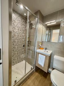 a bathroom with a shower and a sink and a toilet at Hôtel Le Pavillon de Saint-Lô in Saint Lo +49 photos