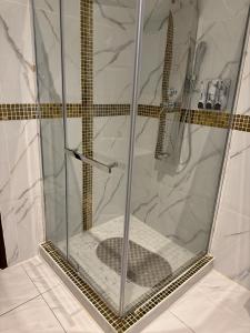 een douche met een glazen deur in een badkamer bij Pink Rock Villa in Durban +2 foto's