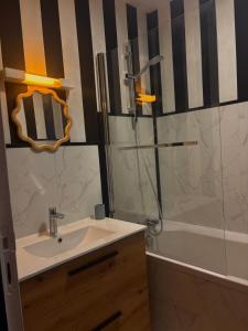 een badkamer met een wastafel en een douche bij Charmant appartement in Vitré