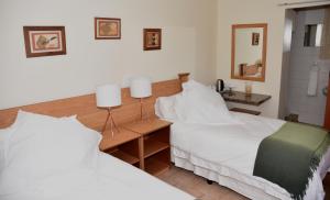 een slaapkamer met twee bedden en een spiegel bij Siesta B&B in Vryheid