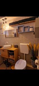 un bagno con un water bianco e un lavandino di Bondar Residence a Galaţi