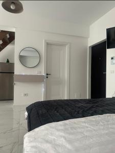 una camera da letto con un letto e uno specchio sul muro di ApartStudio28 Craiova a Craiova