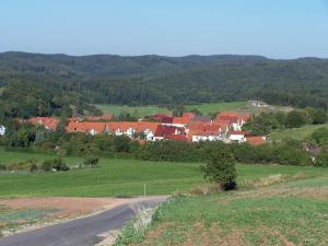 a road in a field with a town in the background at Ferienwohnung am Rennsteig in Gerstungen