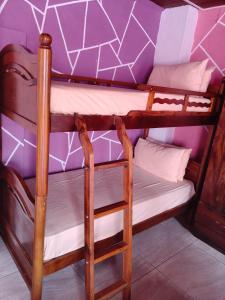 Un par de literas en una habitación con paredes moradas. en Creole Cottage Homestay, en Mahe 1 foto más