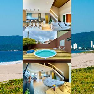 a collage of four pictures of a house at Casa Completa com Piscina Churrasqueira Wi-Fi a 300m da Praia Acomoda 10 Pessoas, 3 Quartos com Ar-Condicionado in Penha