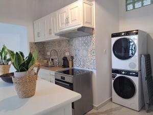 una cucina con lavatrice e asciugatrice di Downtown Apartment Platanos a Panteli