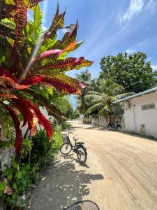 een fiets geparkeerd aan de kant van een onverharde weg bij Sosun View Private Villa in Thoddoo